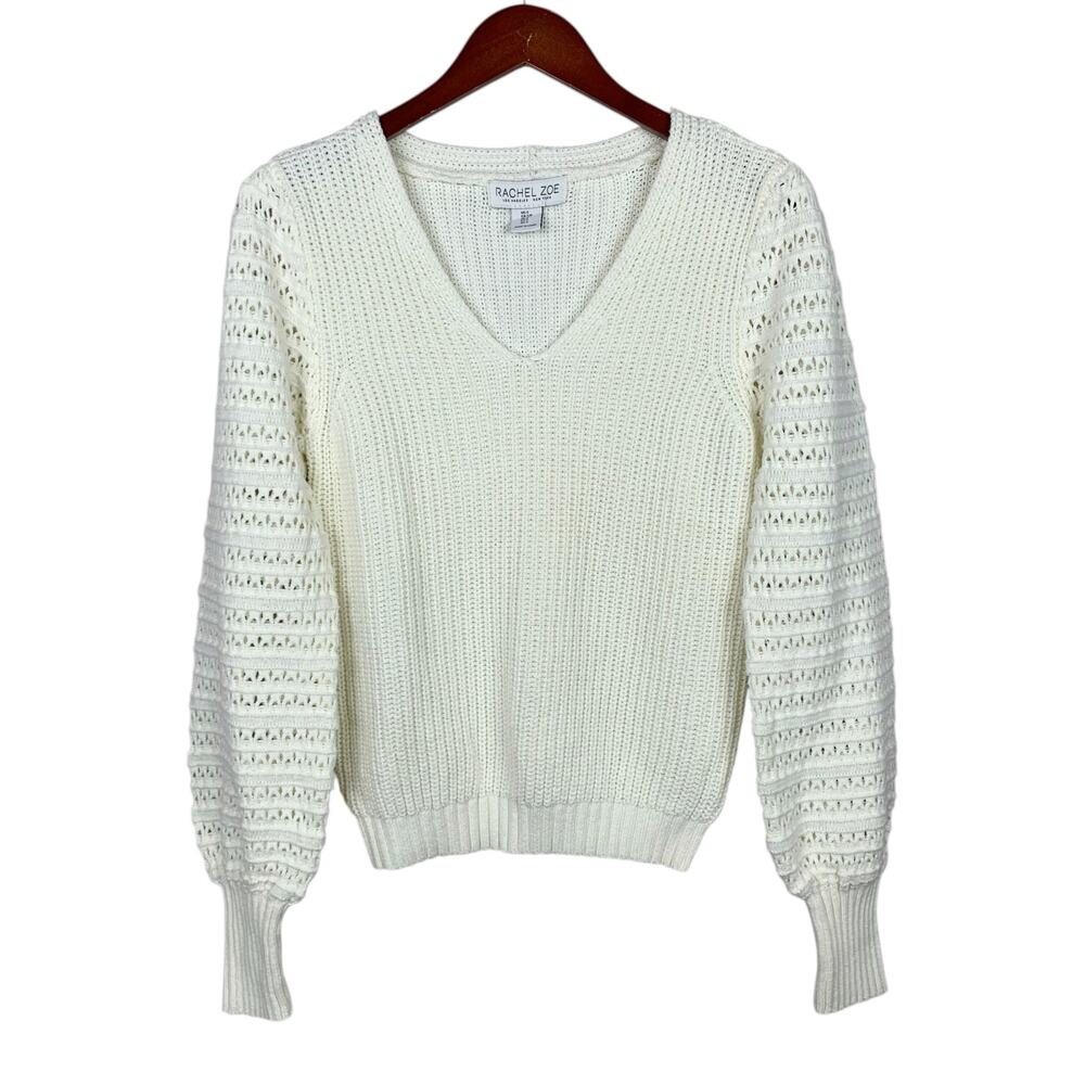 Rachel Zoe Sweater Cream Ribbed Knit Pullover Balloon Sleeves Women's S Boho